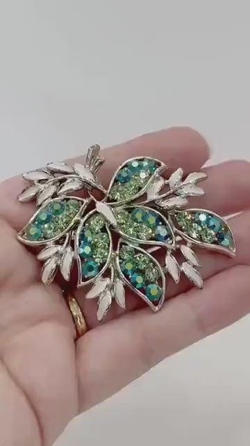 Large Vintage Green Uranium Glass Crystal Leaf Spray Brooch Silver Tone with White Enamel Leaves and a UV Reactive Glow