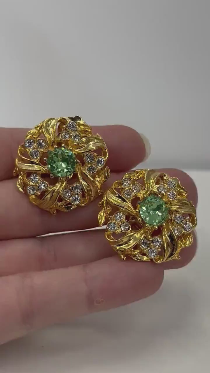 Vintage Green Uranium Crystal Clip On Earrings Victorian Style Gold Plated Setting UV Reactive Glowing Statement Jewellery