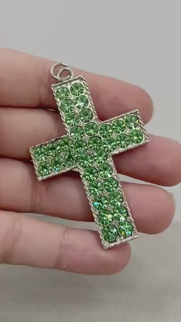 Statement Large Green Crystal Cross / Crucifix Pendant with Vintage Uranium Swarovski Crystal Elements UV Reactive Glow Gothic