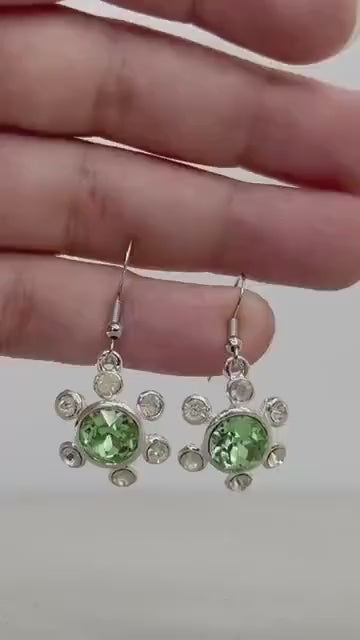 Vintage Green Uranium Glass Crystal Daisy Drop Earrings with Swarovski Crystal Elements UV Reactive Glow