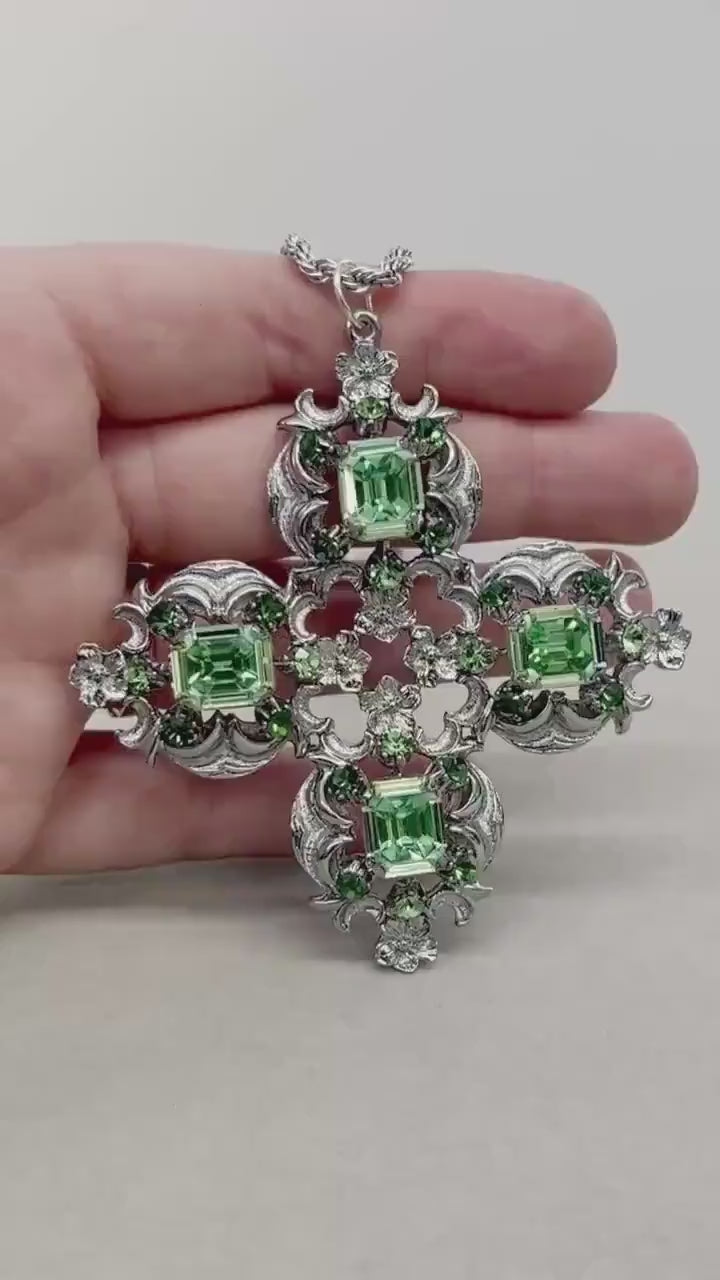 Huge Cross Style Uranium Crystal Pendant with Uranium Crystals in a Vintage Silver Tone Setting UV Reactive Glow Statement Jewellery 18”